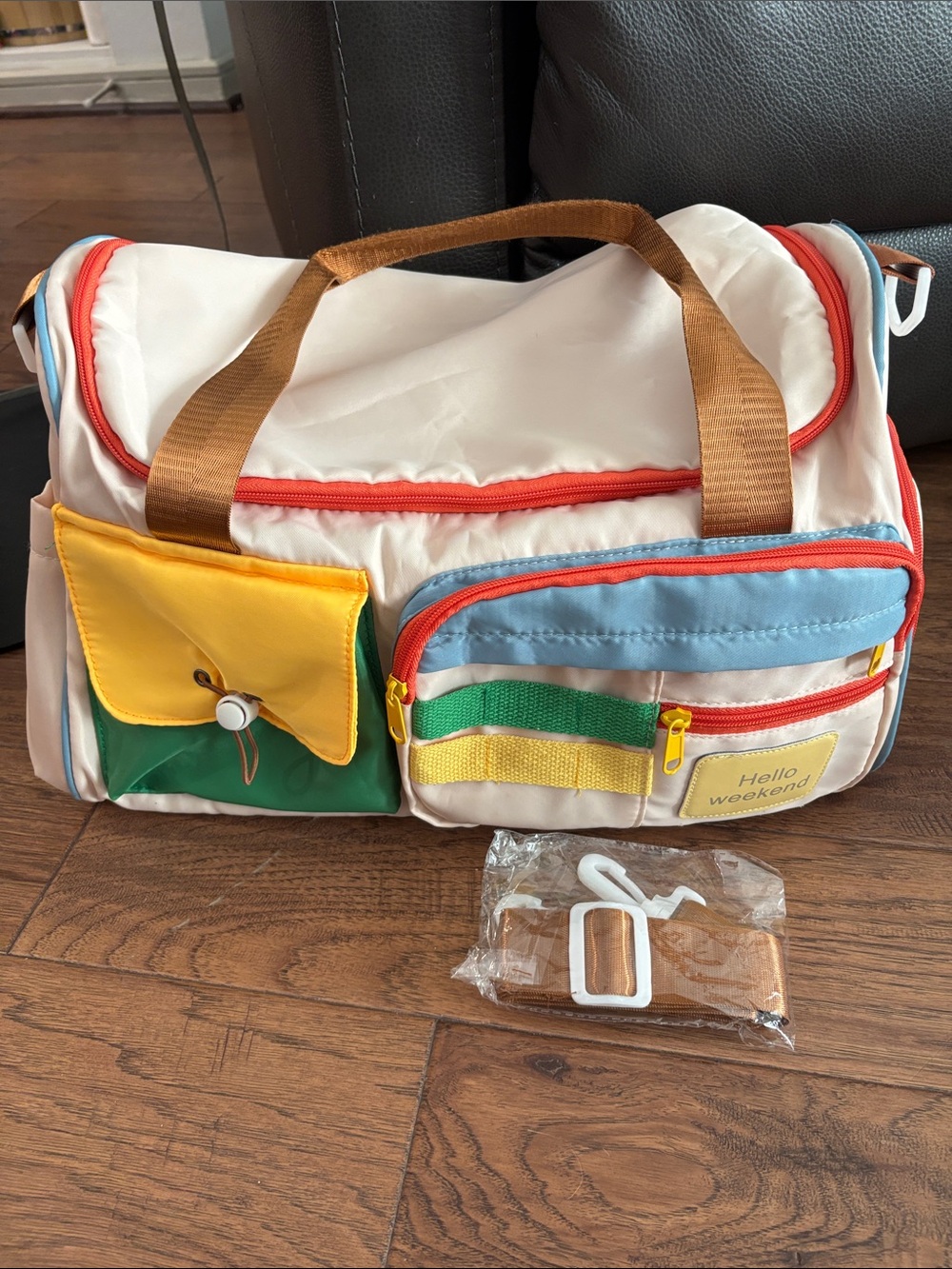 Hello Weekend Duffel Bag - Cream with Yellow, Blue & Green